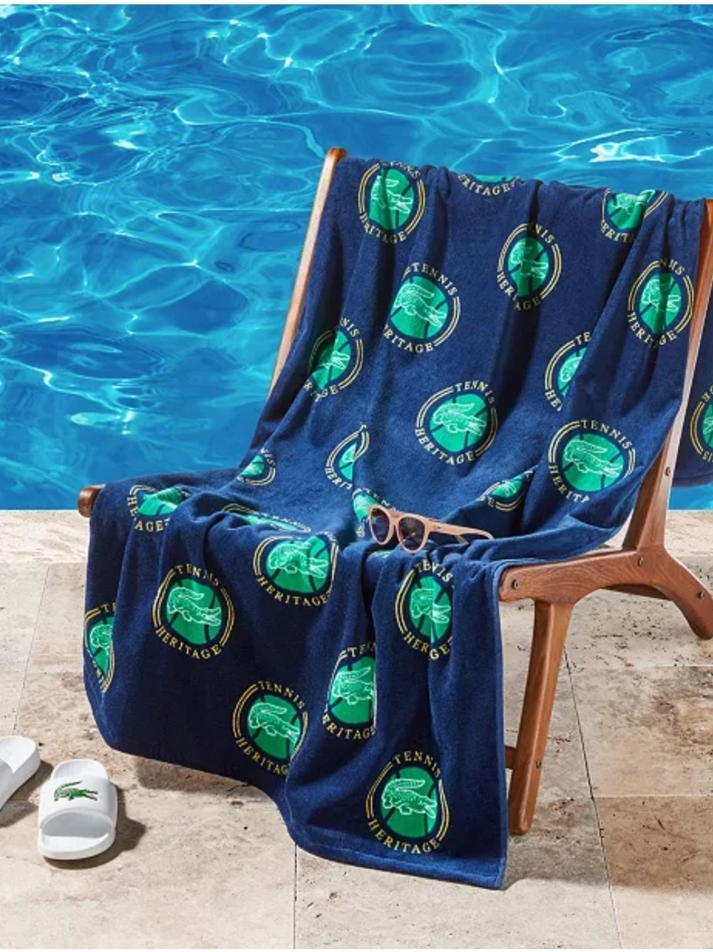 Lacoste All-Over Badges Cotton Beach Towel Size 36" x 72" Navy